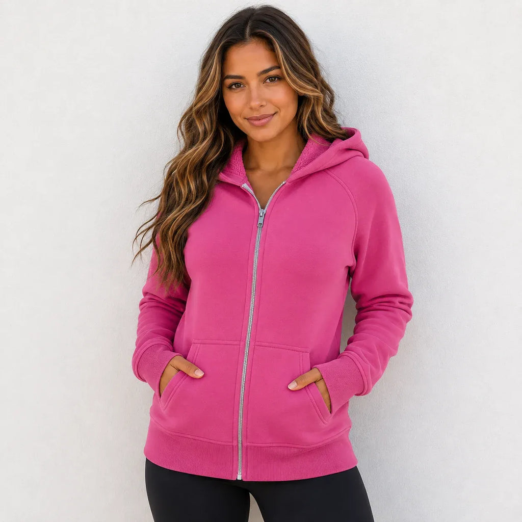 Women's pink hooded fleece-lined zip-up sweatshirt with front pockets