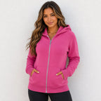 Women's pink hooded fleece-lined zip-up sweatshirt with front pockets