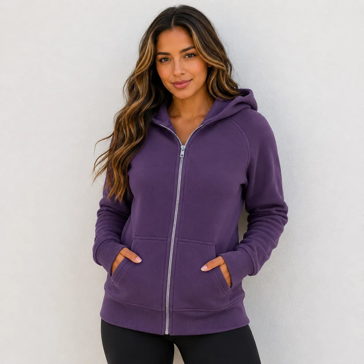 Women's purple hooded fleece-lined zip-up sweatshirt with front pockets