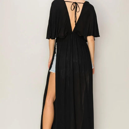 Detailed view of the backless design and tie closure on the HYFVE Black maxi.