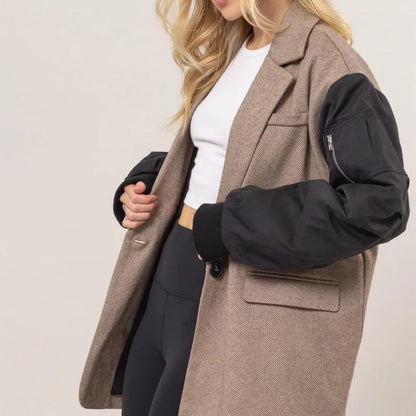 HYFVE Herringbone Mixed Media Contrast Long Sleeve Blazer - Brown-Trendsi - Solazura Boutique