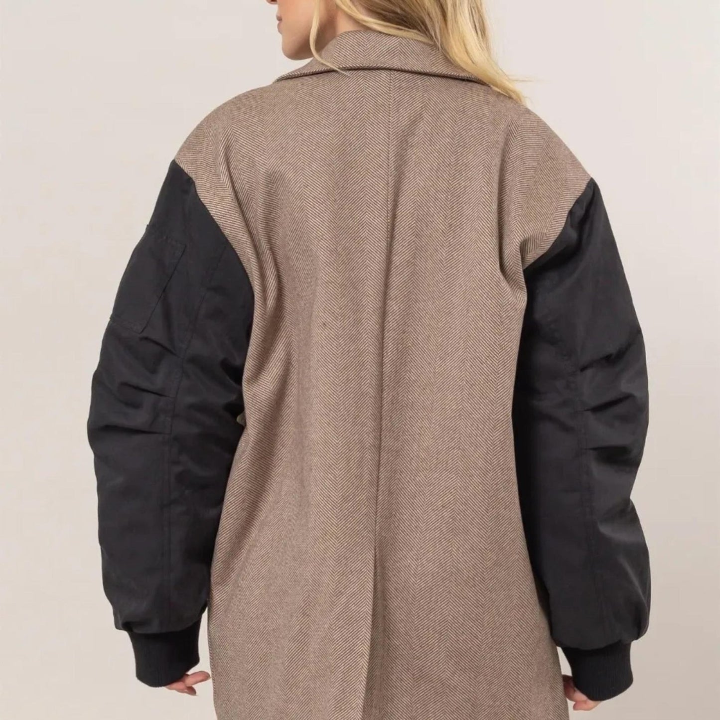 HYFVE Herringbone Mixed Media Contrast Long Sleeve Blazer - Brown-Trendsi - Solazura Boutique
