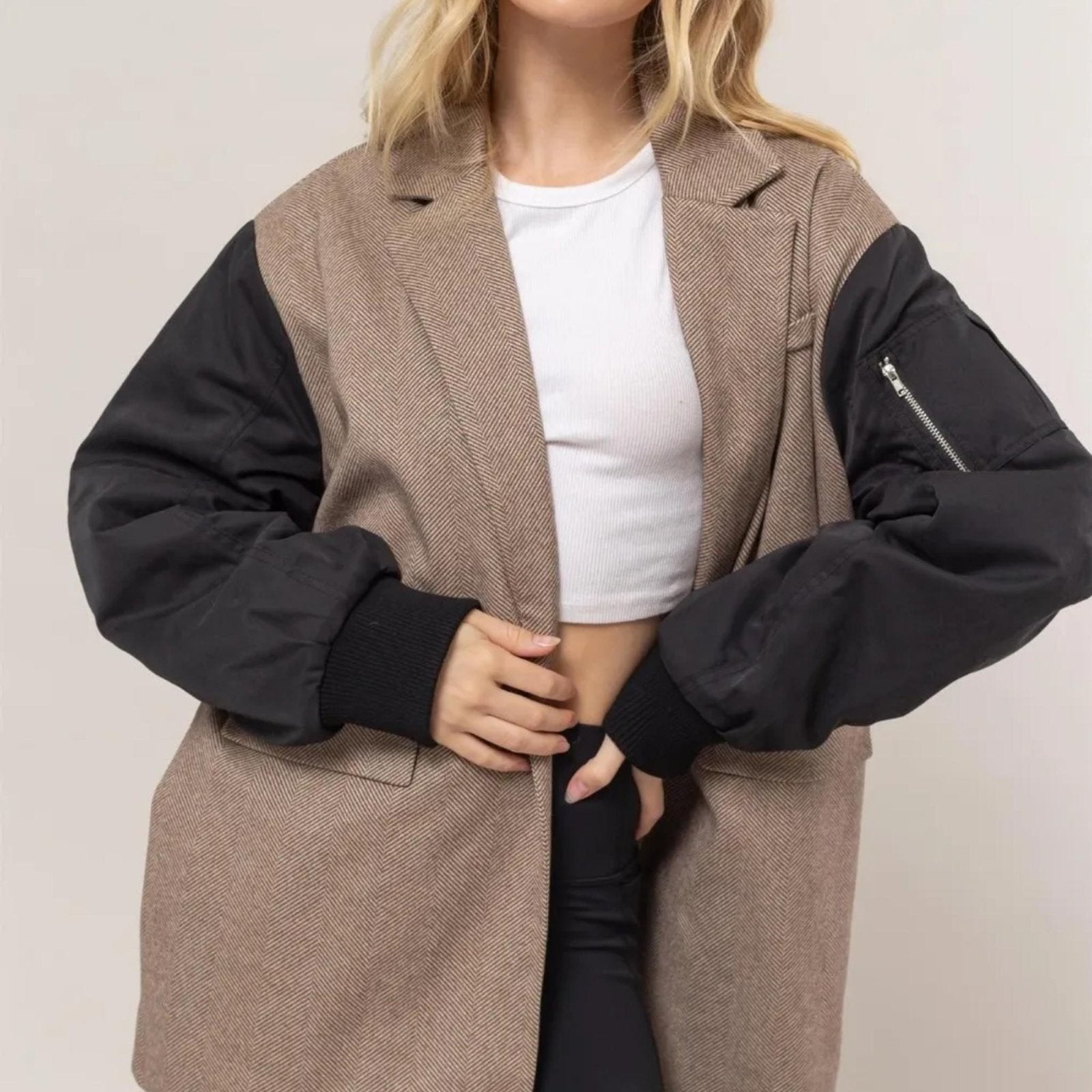 HYFVE Herringbone Mixed Media Contrast Long Sleeve Blazer - Brown-Trendsi - Solazura Boutique