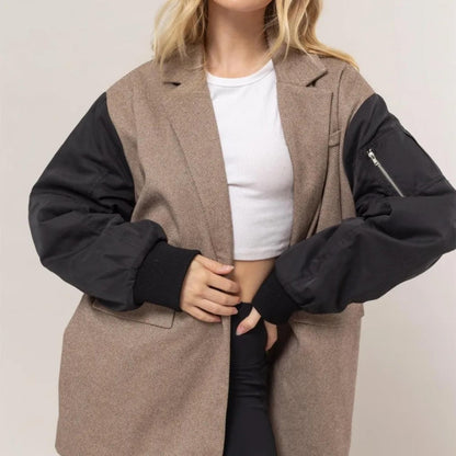 HYFVE Herringbone Mixed Media Contrast Long Sleeve Blazer - Brown-Trendsi - Solazura Boutique