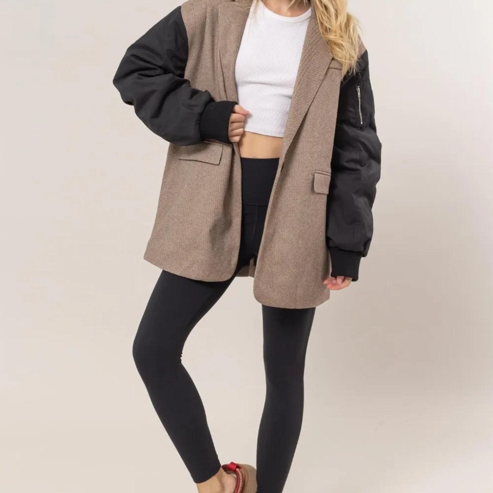 HYFVE Herringbone Mixed Media Contrast Long Sleeve Blazer - Brown-Trendsi - Solazura Boutique