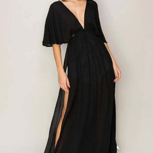 HYFVE Tie Back Maxi Split Cover Up Dress - Black-Trendsi - Solazura Boutique