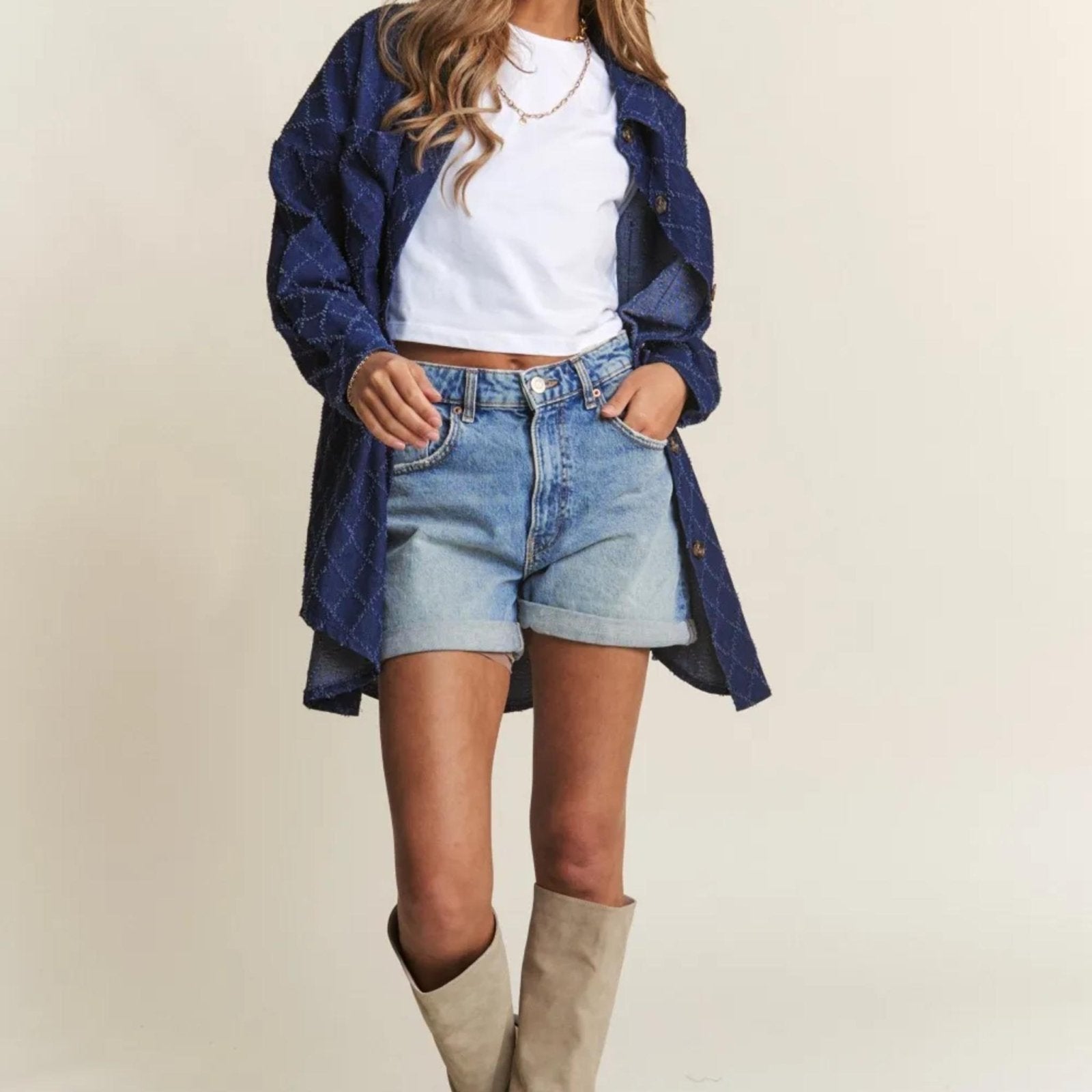 J.NNA Rhombus Stitched Button Up Denim Shacket - Dark Denim-Trendsi - Solazura Boutique
