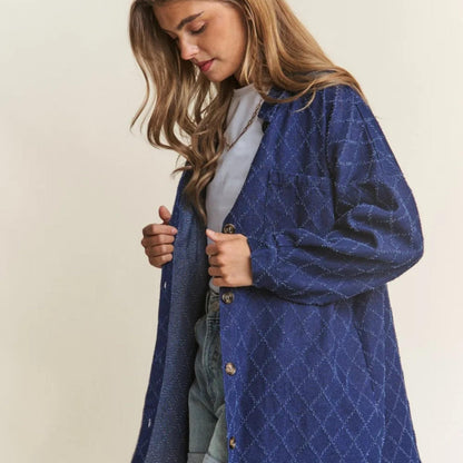 J.NNA Rhombus Stitched Button Up Denim Shacket - Dark Denim-Trendsi - Solazura Boutique