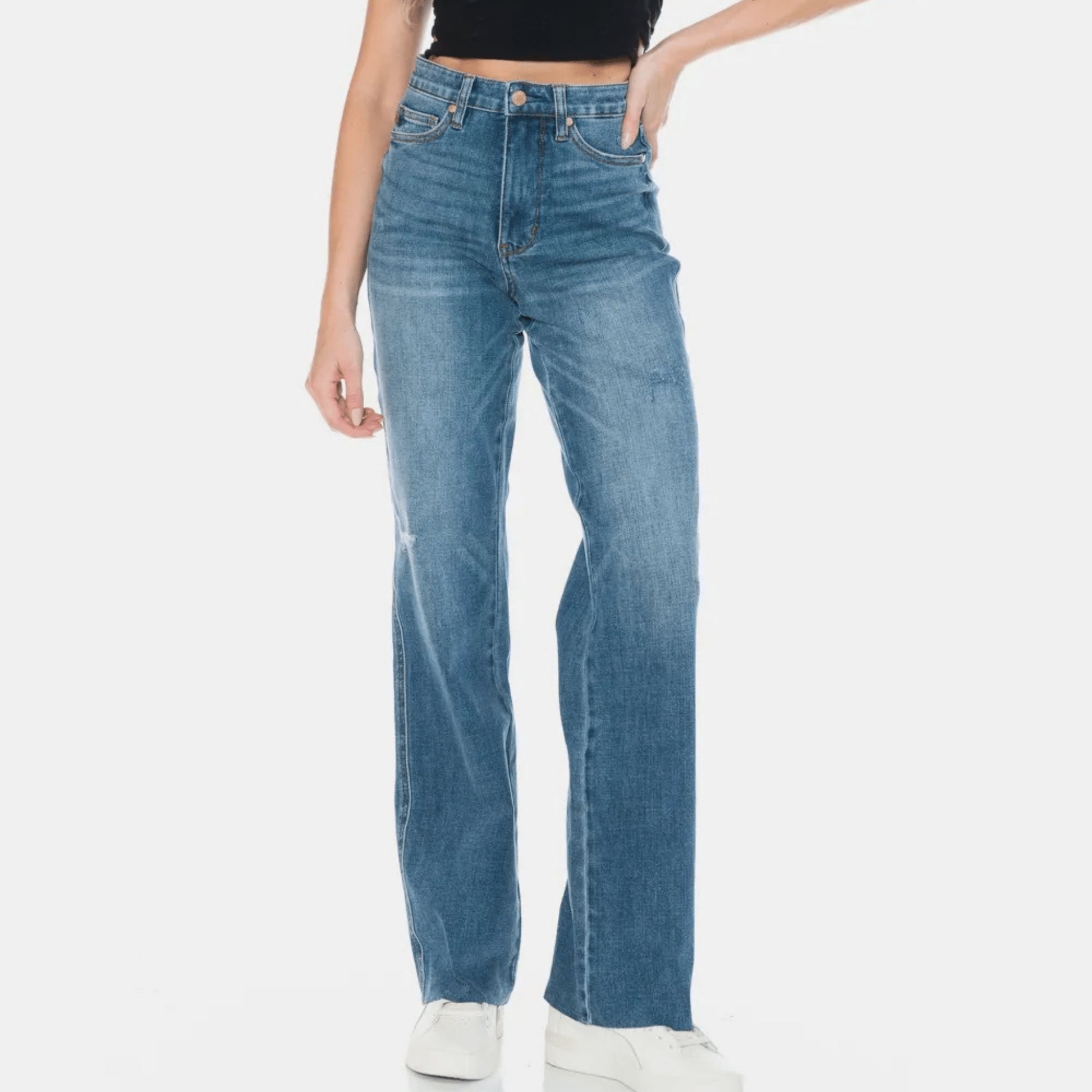 Judy Blue high waist tummy control straight jeans with a raw hem in a dark wash.