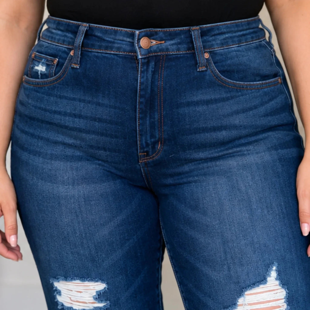 Close-up front view of Judy Blue High Waist Rigid Magic Heavy Destroy Straight Jeans on a plus-size model featuring the high-rise waistband, dark wash denim, and distressed finish.