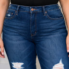 Close-up front view of Judy Blue High Waist Rigid Magic Heavy Destroy Straight Jeans on a plus-size model featuring the high-rise waistband, dark wash denim, and distressed finish.