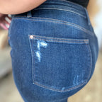 Close-up back pocket detail of Judy Blue High Waist Rigid Magic Heavy Destroy Straight Jeans on a plus-size model featuring premium denim, signature stitching, and distressed accents.