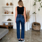 Women's Judy Blue High Waist Rigid Magic Heavy Destroy Straight Jeans back view highlighting the classic five-pocket design, distressed details, and straight-leg fit.