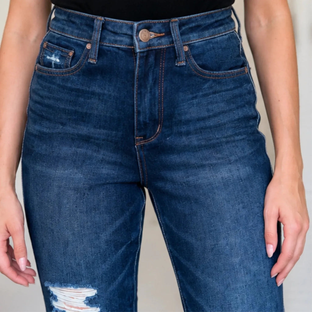 Close-up front view of Judy Blue High Waist Rigid Magic Heavy Destroy Straight Jeans featuring premium stretch denim, high-rise waistband, and distressed detailing.