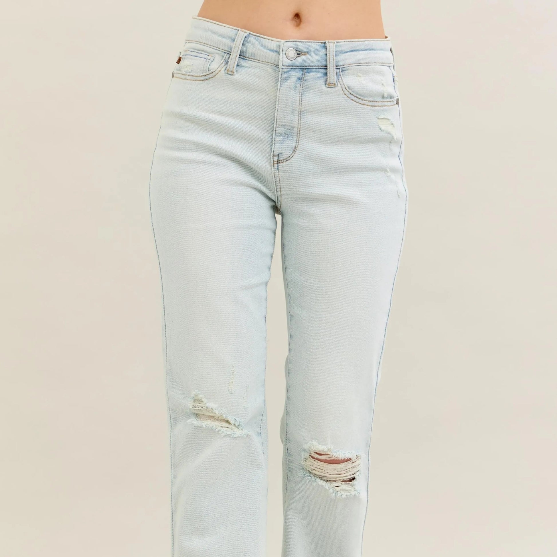 Front view of Judy Blue high-waist destroy fray hem bootcut jeans.