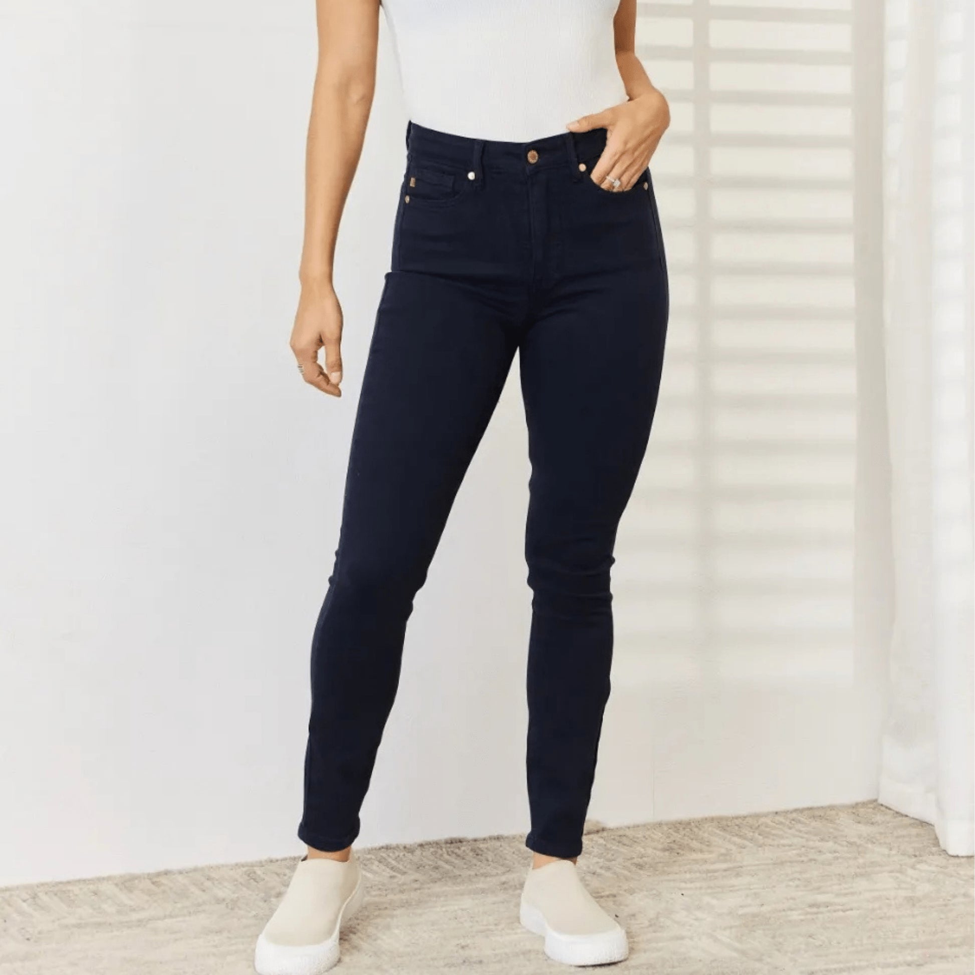 Full view of the Judy Blue garment dyed tummy control skinny jeans.
