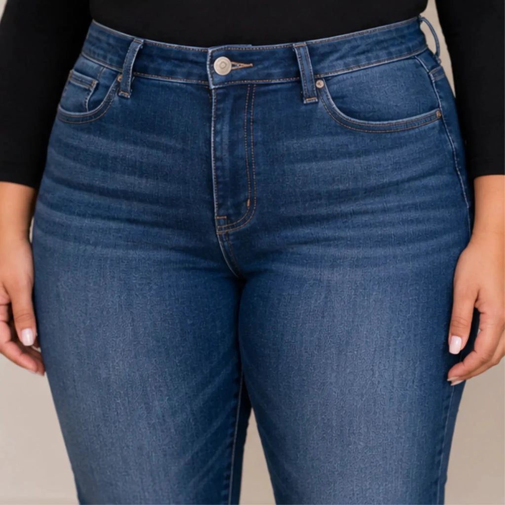 Close-up of Judy Blue Plus Size Washed Thermal Skinny Jeans highlighting soft stretch denim, high-rise waistband, thermal-lined interior, and premium stitching.