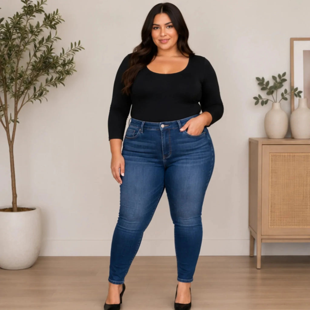 Women's Judy Blue Plus Size Washed Thermal Skinny Jeans front view featuring a high-rise fit, medium wash stretch denim, and warm thermal lining.