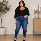 Women's Judy Blue Plus Size Washed Thermal Skinny Jeans front view featuring a high-rise fit, medium wash stretch denim, and warm thermal lining.
