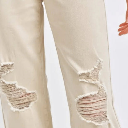 Judy Blue High Waist Distressed Wide Leg Jeans - Retro Bone Denim-Trendsi - Solazura Boutique