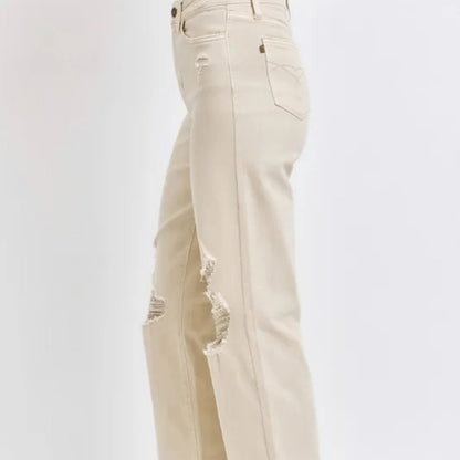 Judy Blue High Waist Distressed Wide Leg Jeans - Retro Bone Denim-Trendsi - Solazura Boutique