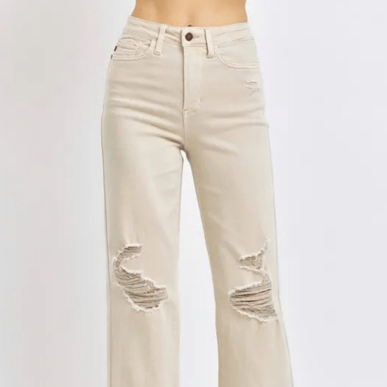 Judy Blue High Waist Distressed Wide Leg Jeans - Retro Bone Denim-Trendsi - Solazura Boutique