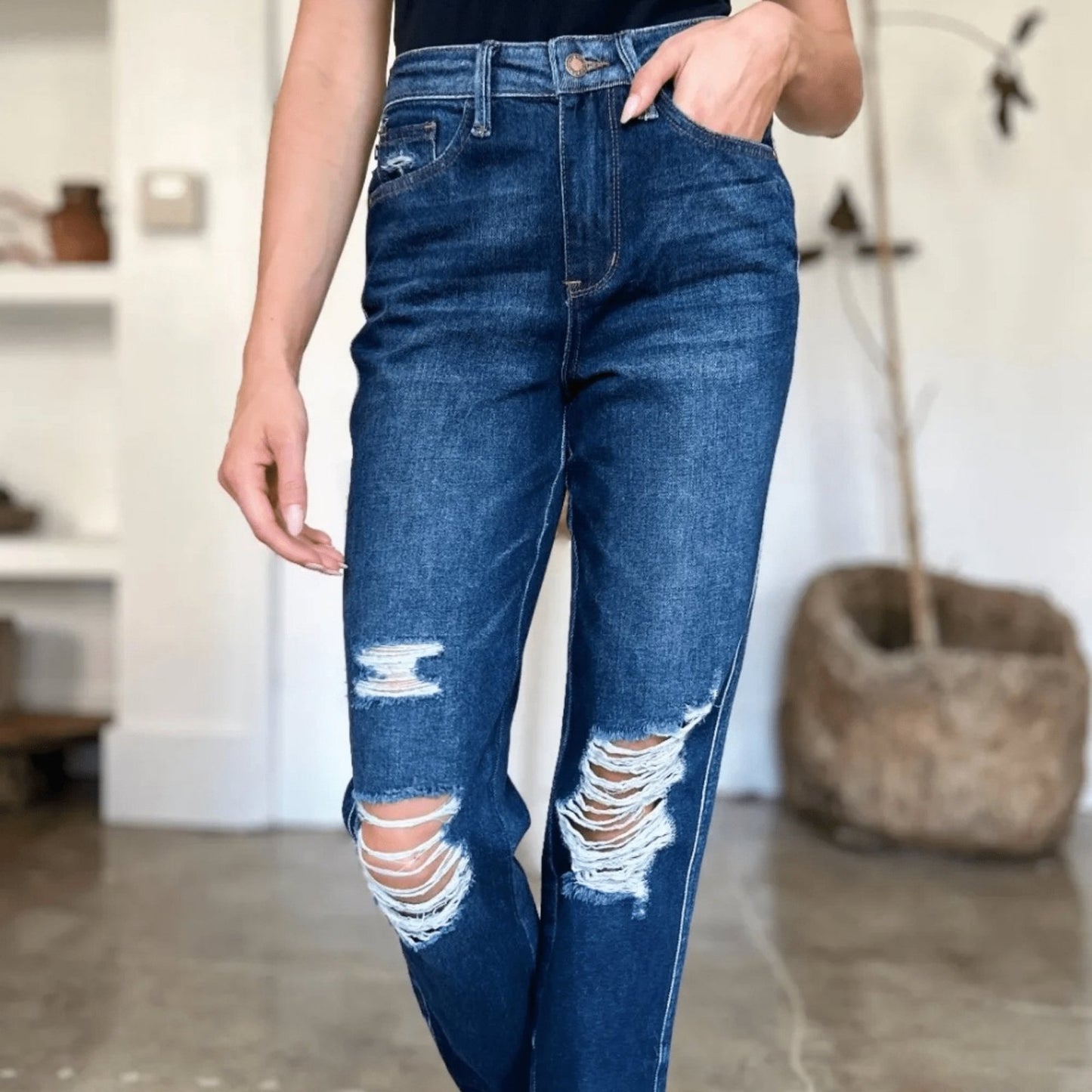 Judy Blue High Waist Heavy Destroy Straight Jeans - Edgy Dark Wash-Trendsi - Solazura Boutique