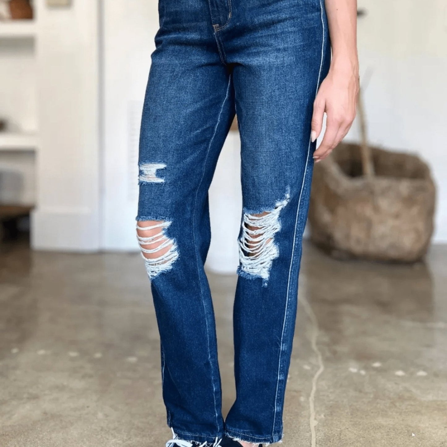 Judy Blue High Waist Heavy Destroy Straight Jeans - Edgy Dark Wash-Trendsi - Solazura Boutique