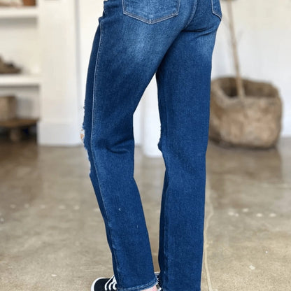 Judy Blue High Waist Heavy Destroy Straight Jeans - Edgy Dark Wash-Trendsi - Solazura Boutique