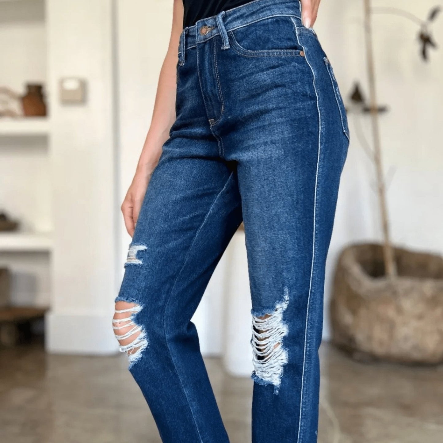 Judy Blue High Waist Heavy Destroy Straight Jeans - Edgy Dark Wash-Trendsi - Solazura Boutique