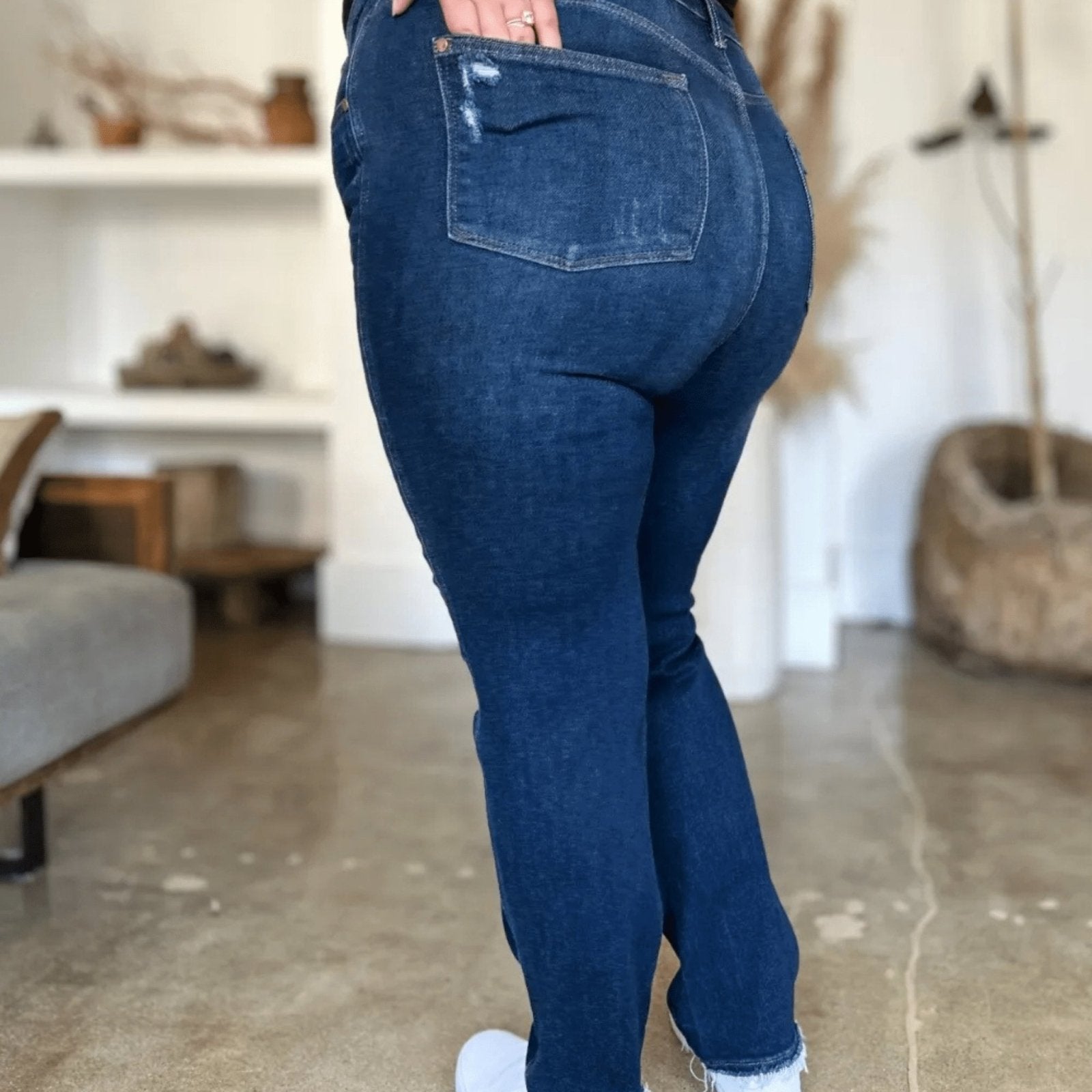 Judy Blue High Waist Heavy Destroy Straight Jeans - Edgy Dark Wash-Trendsi - Solazura Boutique