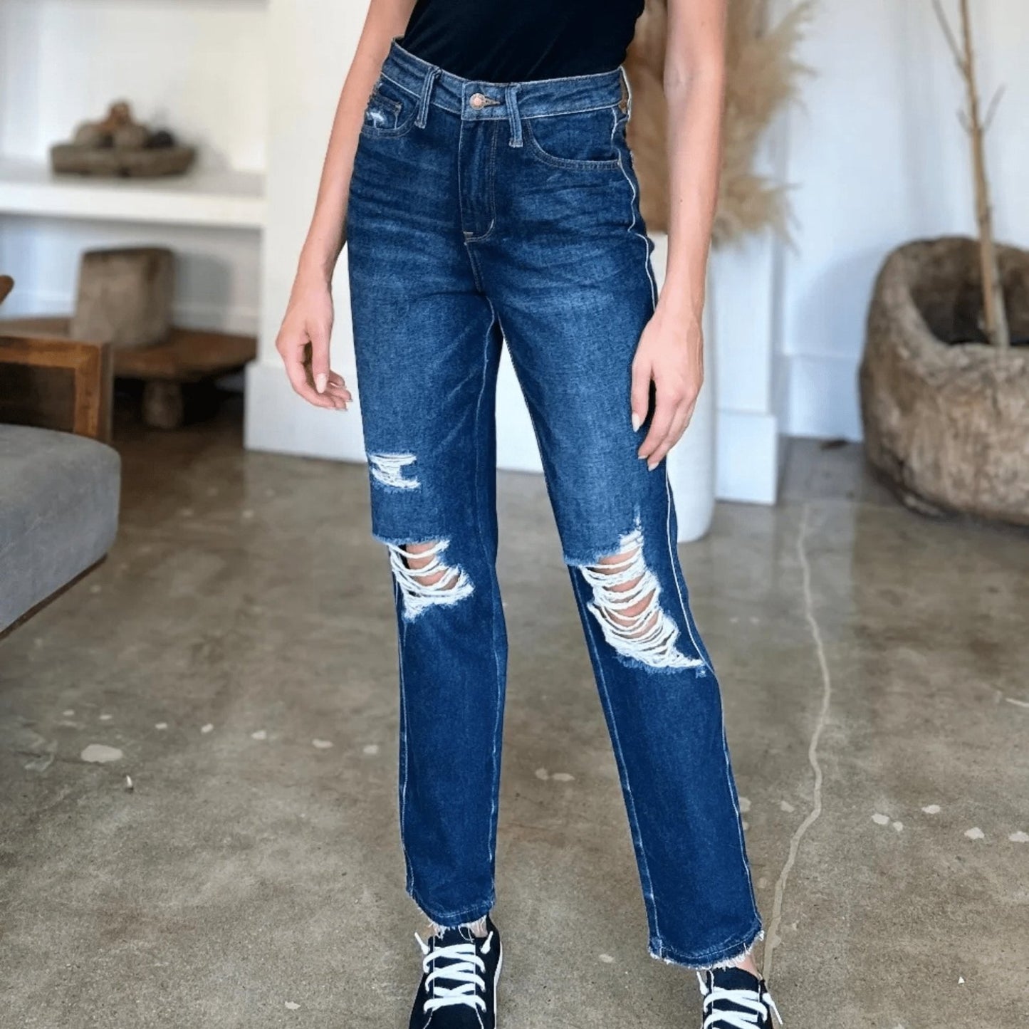 Judy Blue High Waist Heavy Destroy Straight Jeans - Edgy Dark Wash-Trendsi - Solazura Boutique