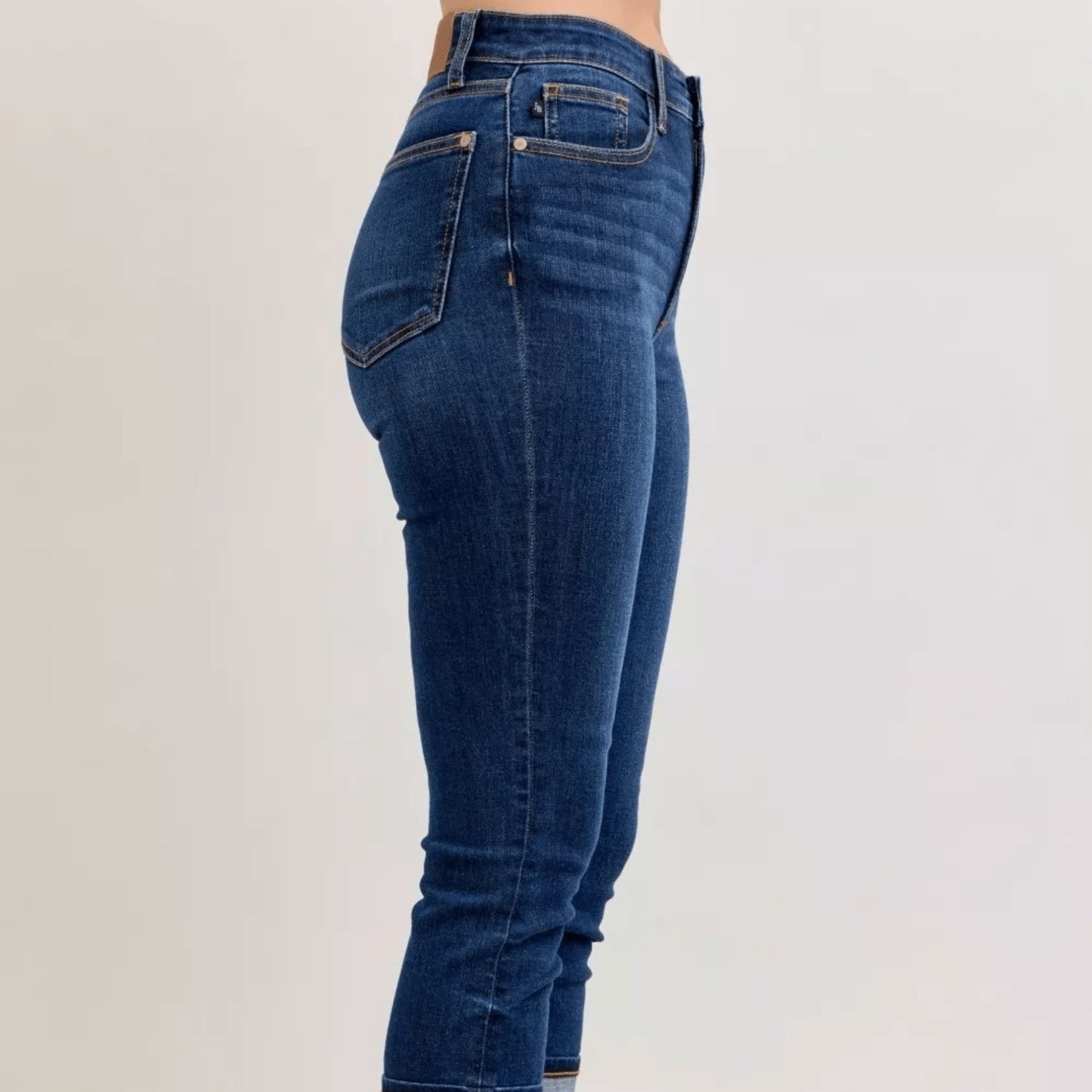 Judy Blue high-waist capri jeans with a single cuff in a dark wash.