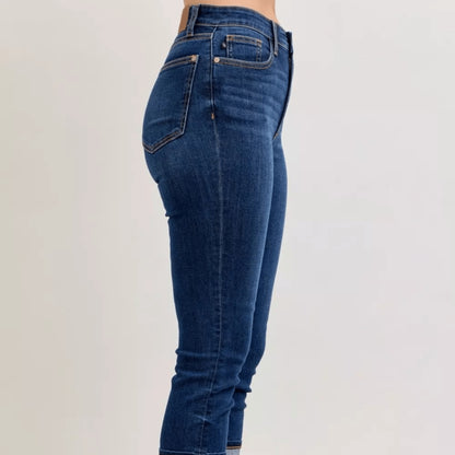 Judy Blue high-waist capri jeans with a single cuff in a dark wash.