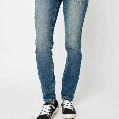 Full view of Judy Blue high-waist skinny jeans in classic dark wash.