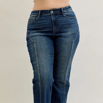 Judy Blue High Waist Straight Leg Side Seam Detail Jeans - Dark Wash-Trendsi - Solazura Boutique