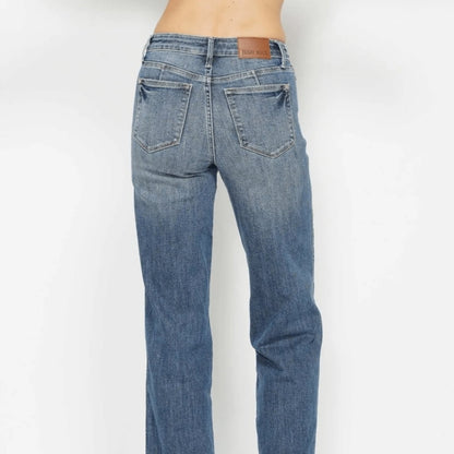 Judy Blue High Waist Tummy Control Straight Leg Jeans - Medium Wash-Trendsi - Solazura Boutique