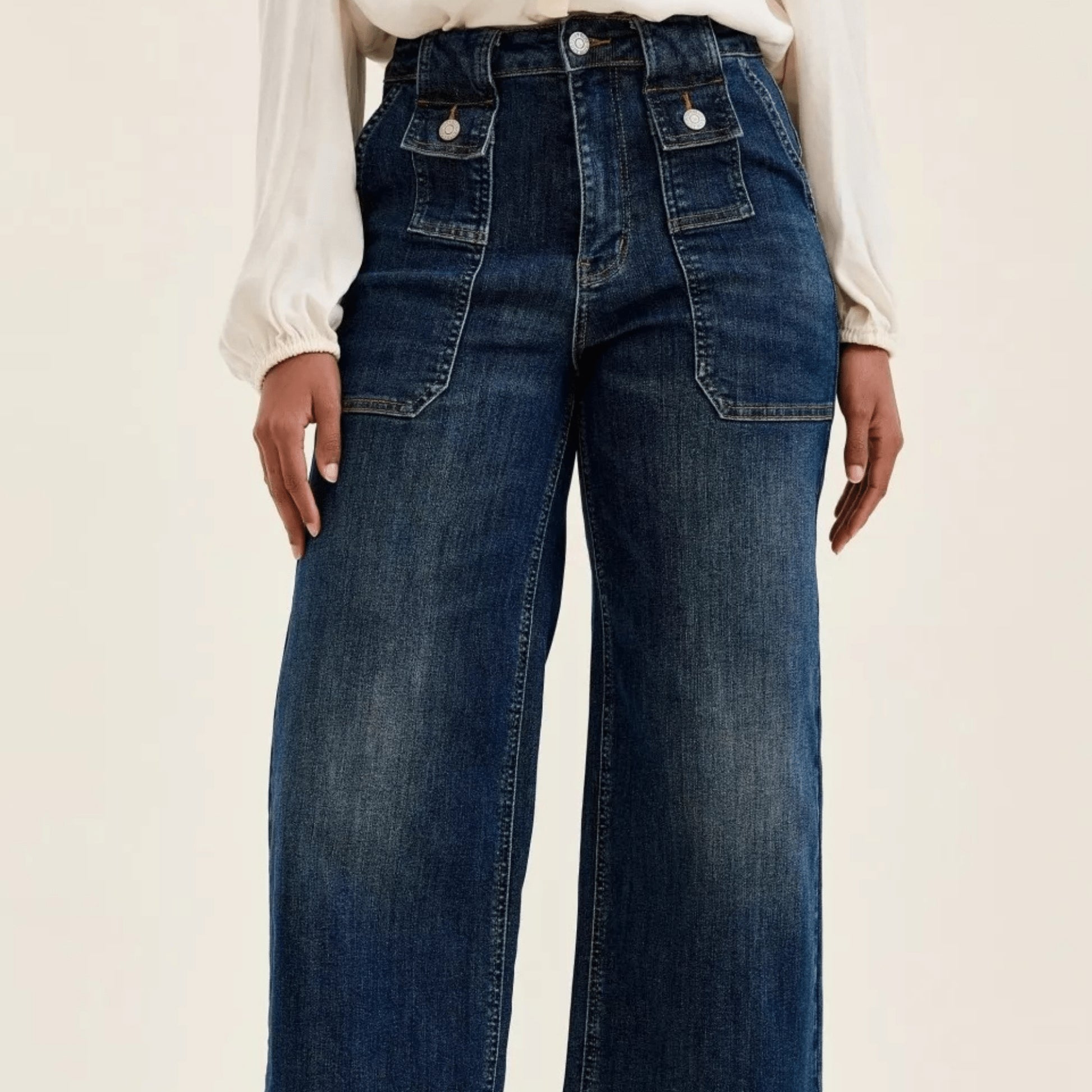 Judy Blue high-waist wide-crop utility jeans with patch pockets in dark wash.