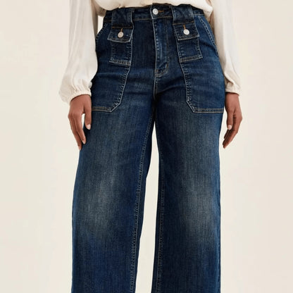 Judy Blue high-waist wide-crop utility jeans with patch pockets in dark wash.