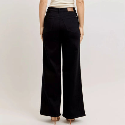 Close-up of the Judy Blue button and hardware on black wide-leg denim.