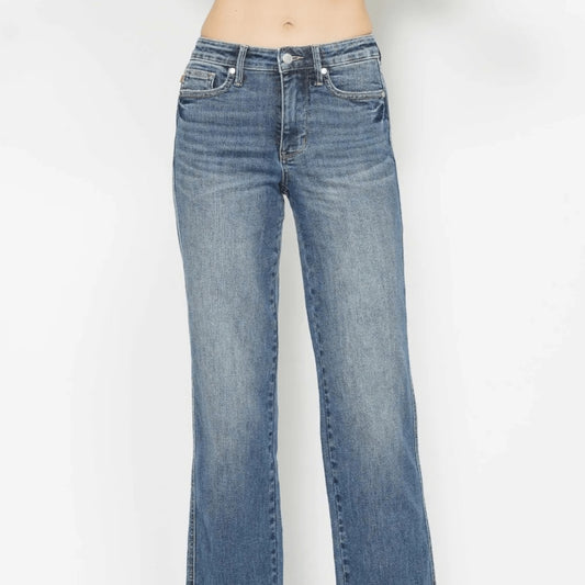 Judy Blue high-waist tummy control straight-leg jeans in a classic medium wash.