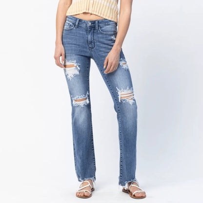Front view of Judy Blue mid-rise destroyed straight leg jeans on a white background.