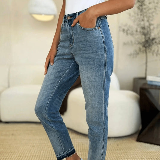 Judy Blue Mid Rise Rigid Magic Release Hem Jeans - Medium Wash-Trendsi - Solazura Boutique