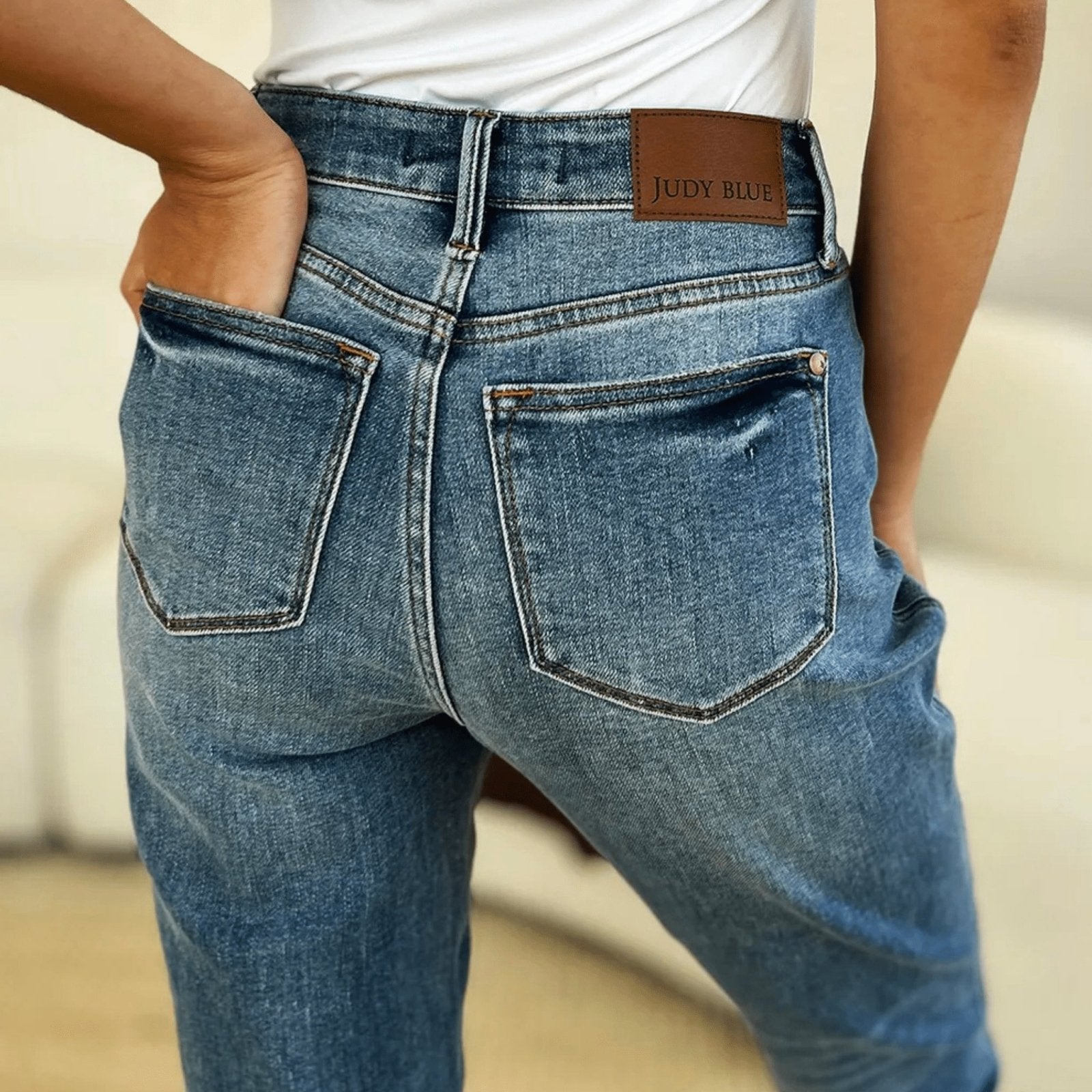 Judy Blue Mid Rise Rigid Magic Release Hem Jeans - Medium Wash-Trendsi - Solazura Boutique
