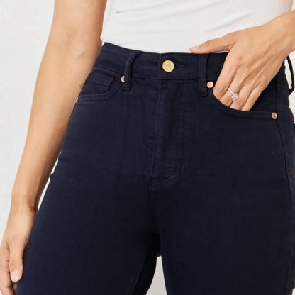 Detailed view of the navy garment dyed denim fabric.