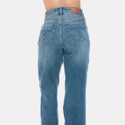 Back view of high-waist straight jeans showing the classic pocket placement and wash.
