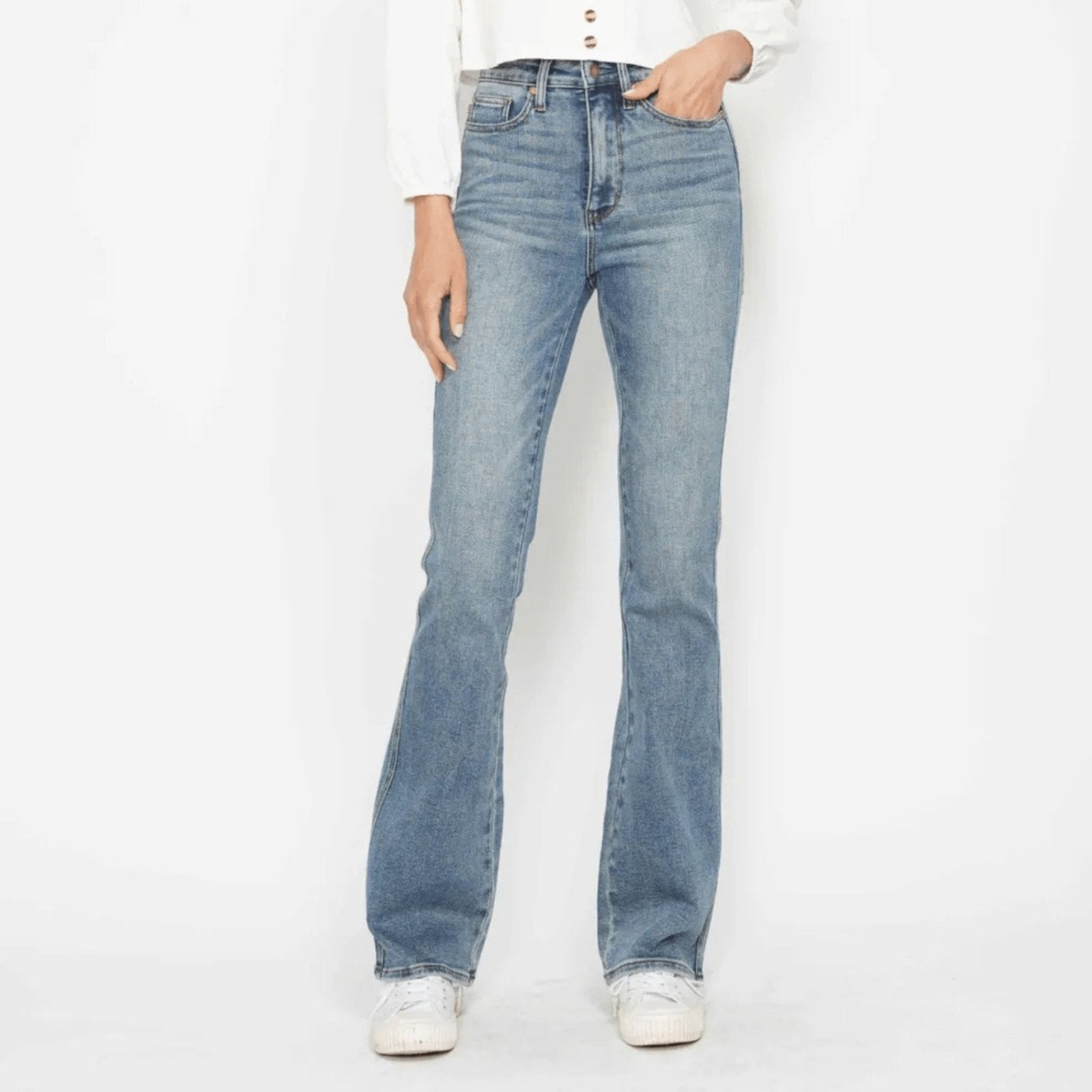 Judy Blue Tummy Control Back Embroidered Bootcut Jeans - Medium Wash-Trendsi - Solazura Boutique