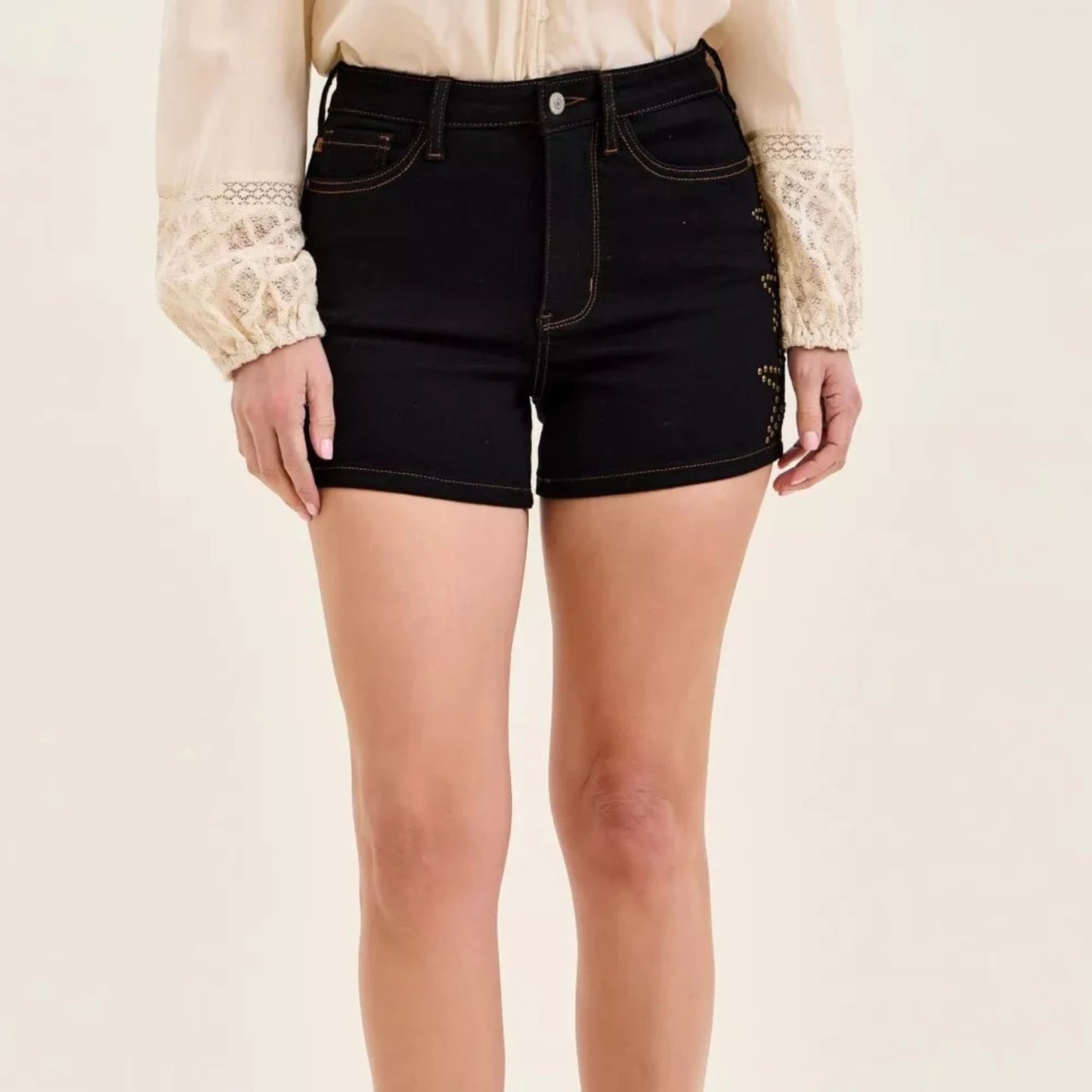 Judy Blue Women’s Black High-Waist Star Studded Denim Shorts-Trendsi - Solazura Boutique