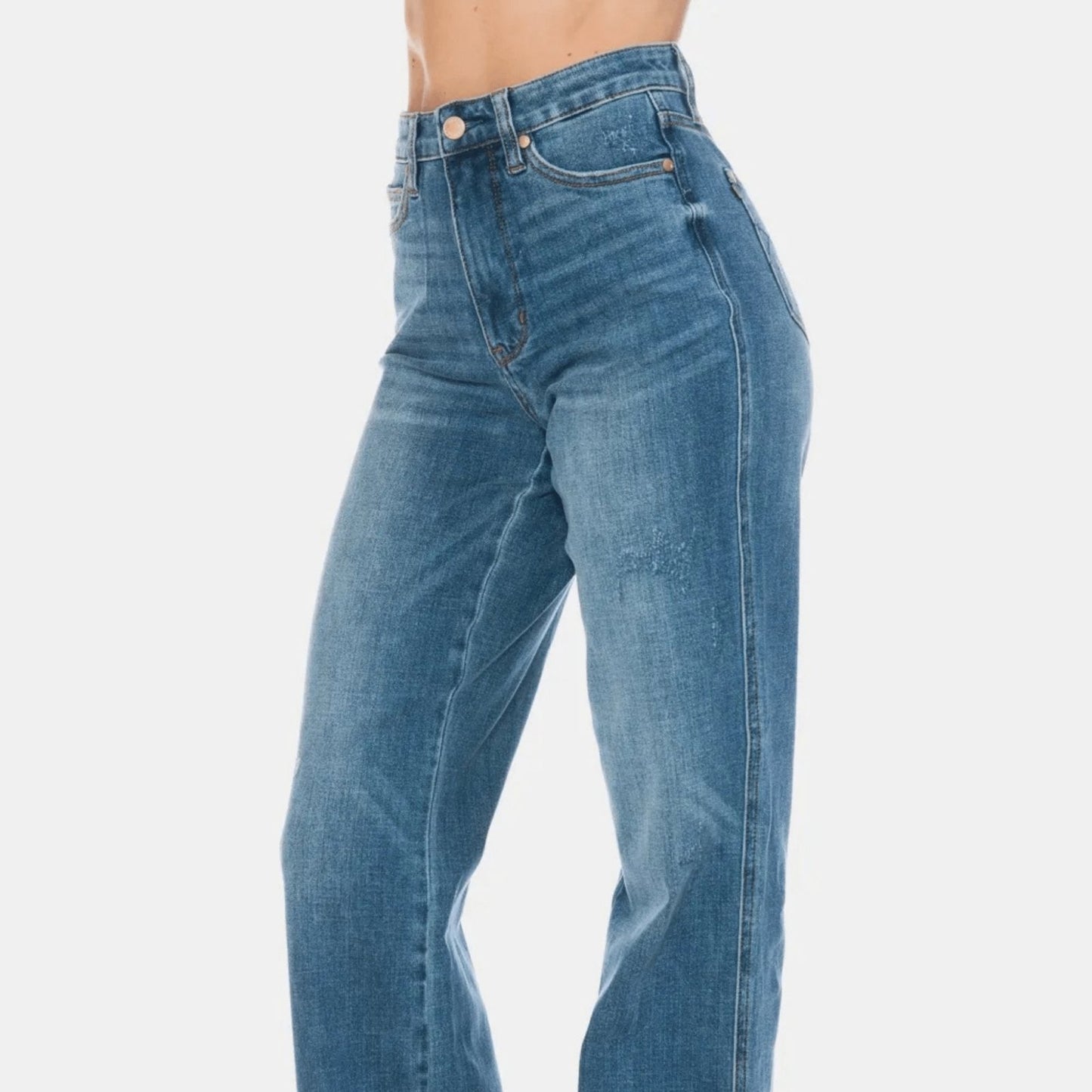 Judy Blue Women's Tummy Control Raw Hem Straight Jeans-Trendsi - Solazura Boutique