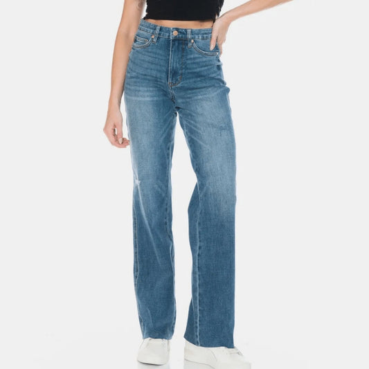 Judy Blue Women's Tummy Control Raw Hem Straight Jeans-Trendsi - Solazura Boutique